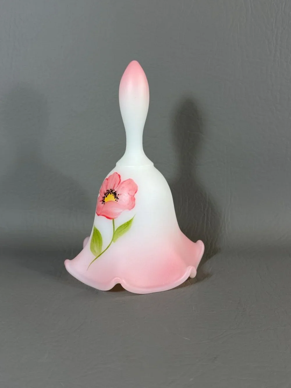 Vintage Fenton Art Glass Bell Hand-Painted Floral Signed M. Kibbe Satin Pink